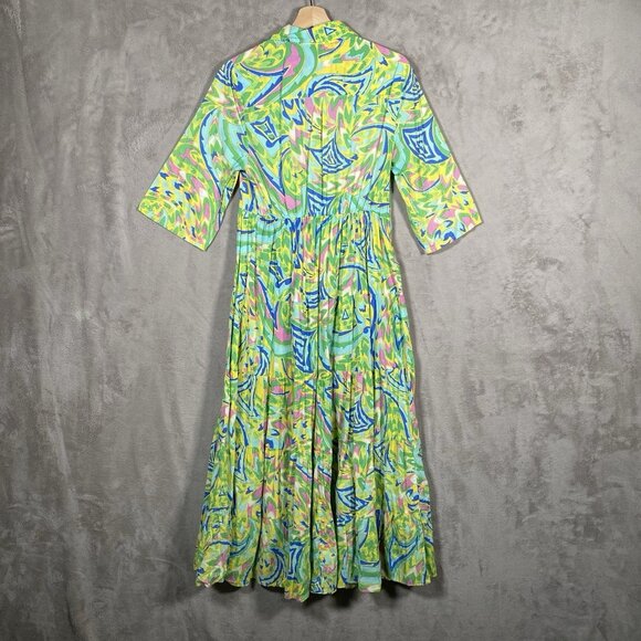 Zara Maxi Shirt Dress M Printed Colorful Vibrant Maximalism Lightweight Tiered - Picture 9 of 16
